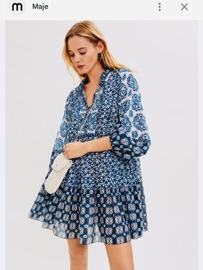 Maje Blue Mixed-Print Tiered Mini Dress